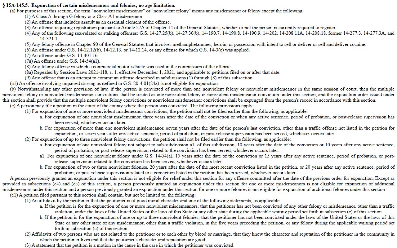 Jones County criminal court records G.S. 15A-145.5 expunction statute