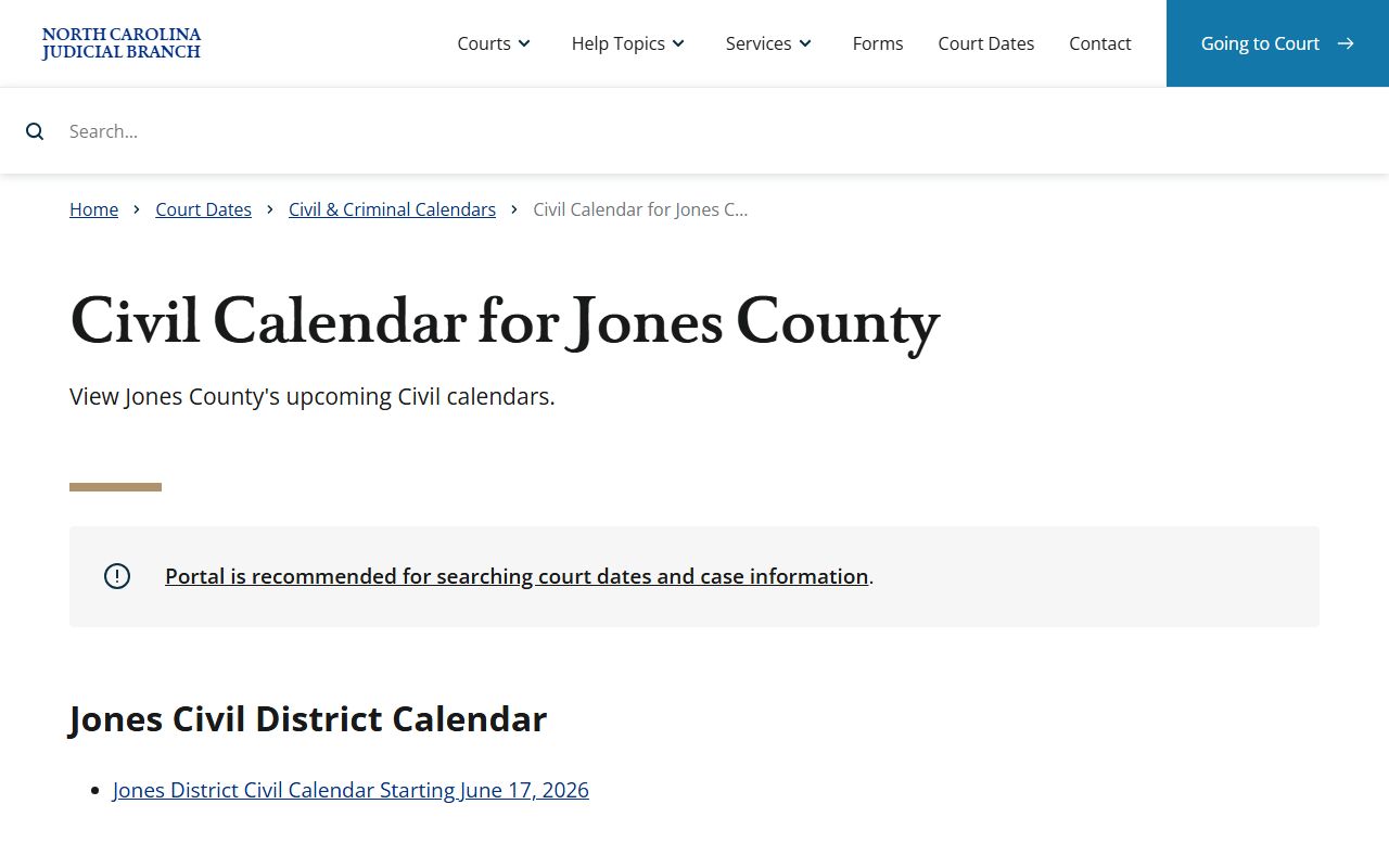 Jones County Court records civil calendar results path