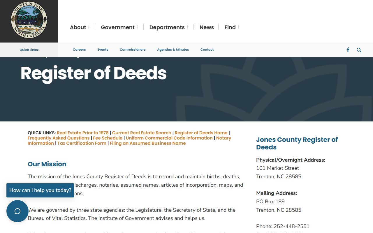 Jones County marriage records Register of Deeds page